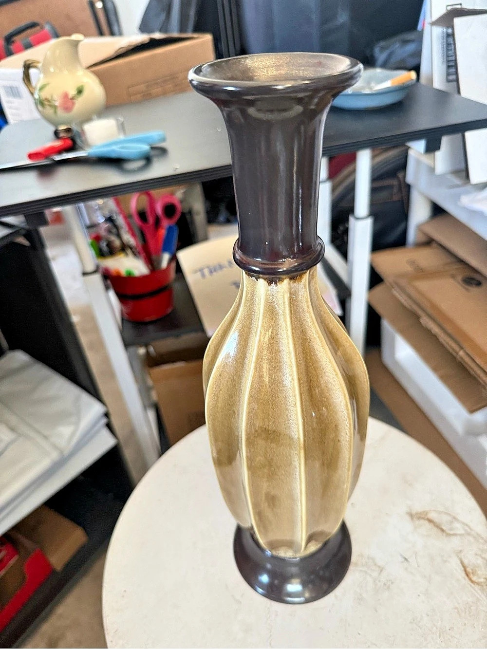 McCoy Fluted Ceramic Vase in Brown & Gold